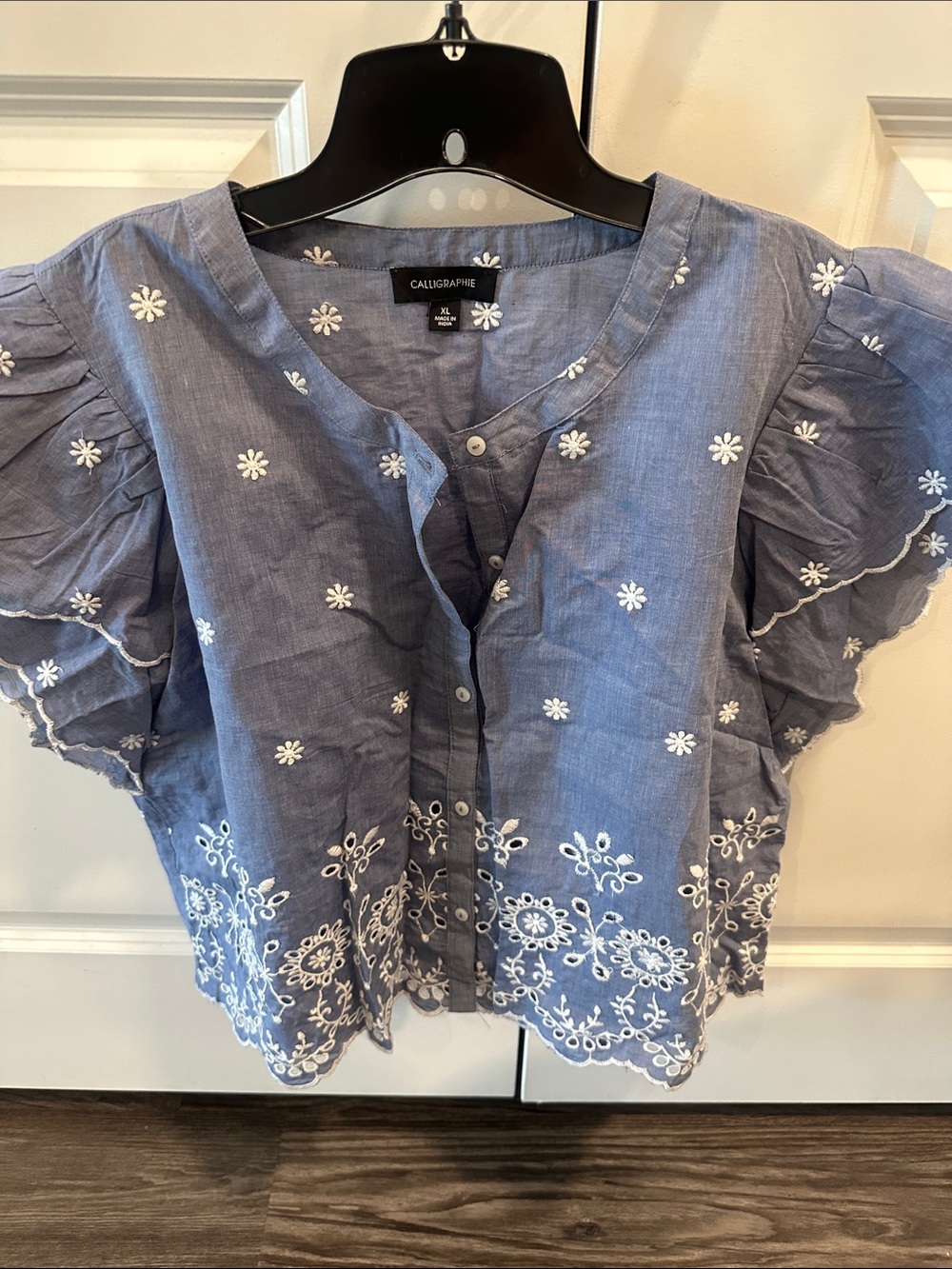 Blue Embroidered Flutter Sleeve Top